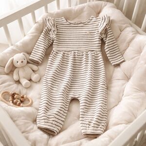ADD-ON | Baby GAP Ribbed Stripe Romper Ruffle Shoulder Cream Black 0–3 Months